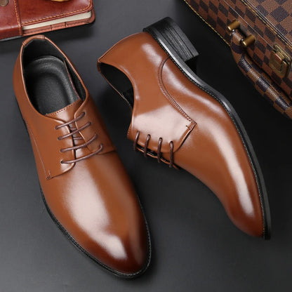 Mens Breathable Leather Dress Shoes Formal Business Footwear Pointed Toe Lace Up Flat Sole Groom Wedding Shoes Simple Leisure