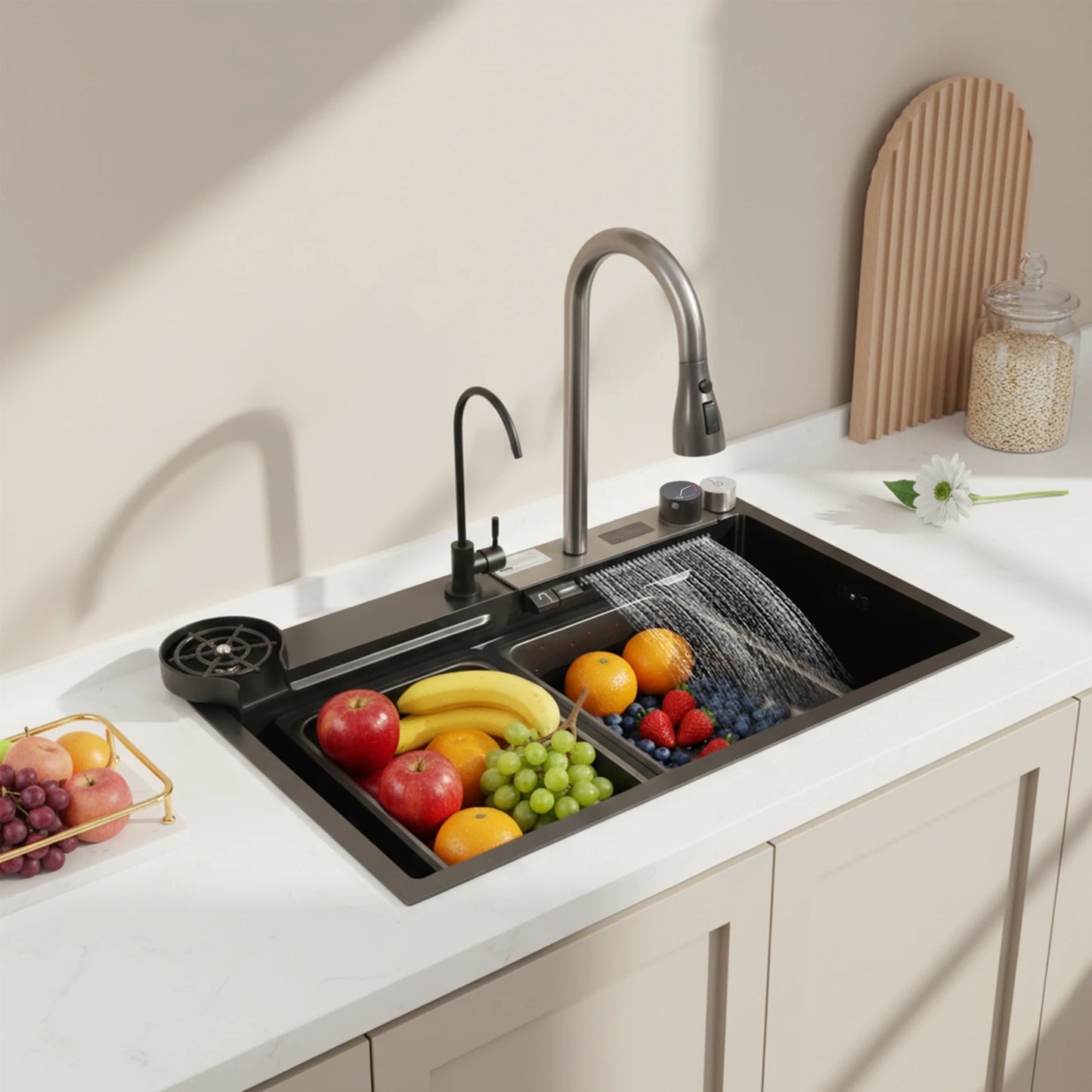 201 Stainless Steel Nano Black Sink with Digital Pull-out Faucet Anti-Splash Large Single Basin Noise Proof & Anti-Condensation