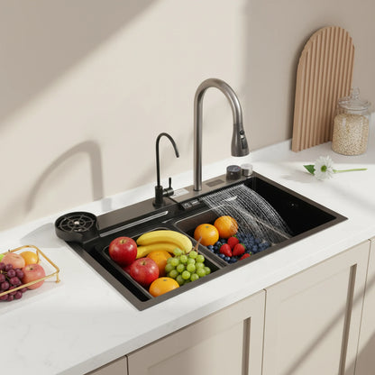 201 Stainless Steel Nano Black Sink with Digital Pull-out Faucet Anti-Splash Large Single Basin Noise Proof & Anti-Condensation