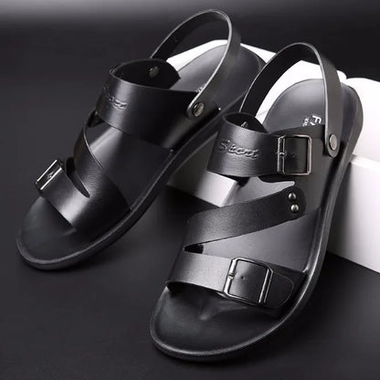 Fashion Sandals Male Solid Color PU Leather Men Shoes Summer Comfortable Open Toe Leather Mens Sandals Beach Leather Footwear