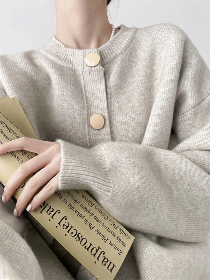 Button-Front Crewneck Knit Cardigan