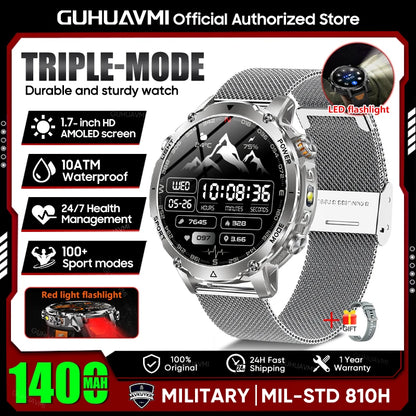 2026 New Military 1400mAh Battery Smart Watch Men Outdoor Flashlight 10ATM Waterproof Heart Rate Bluetooth Call Sports Bracelets