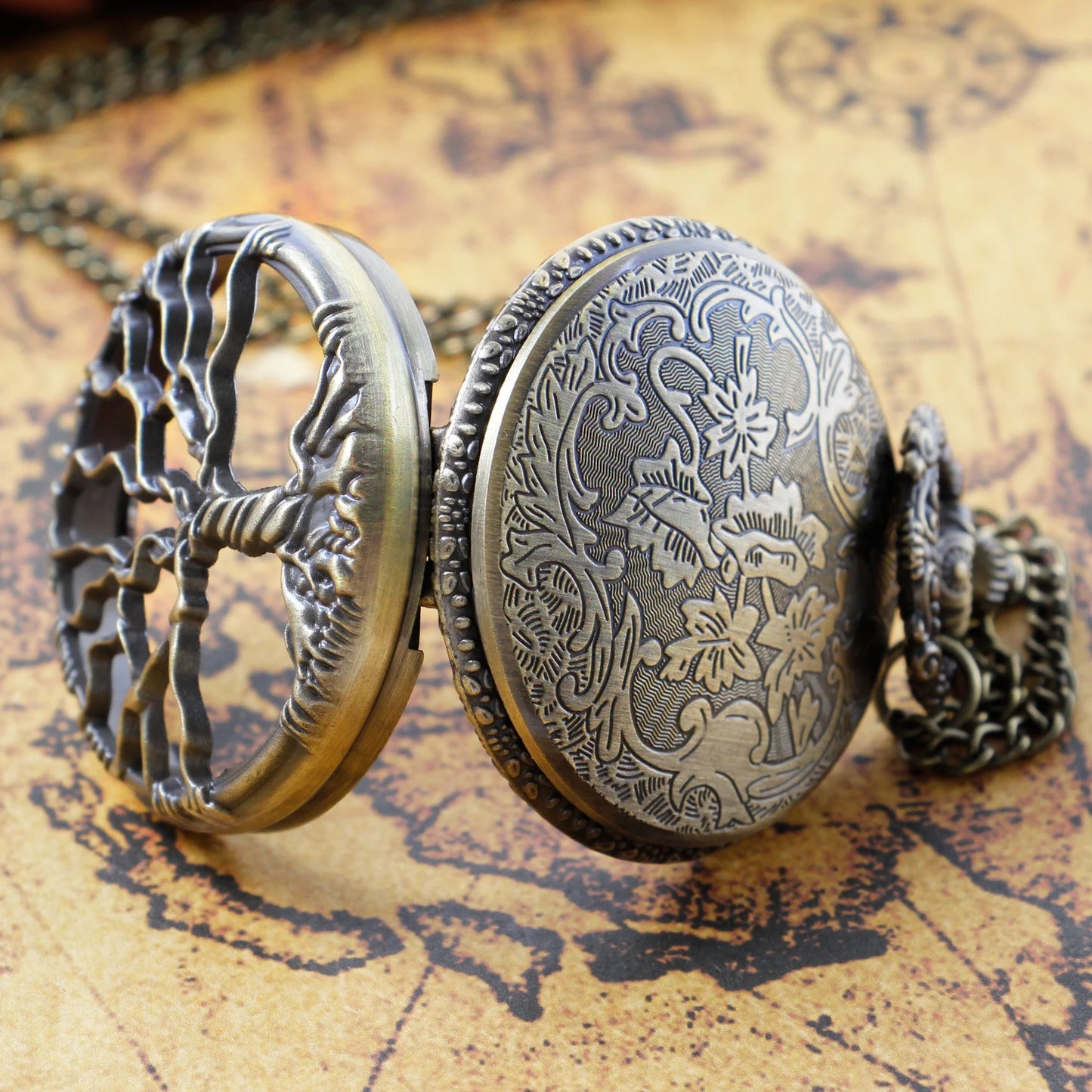 Steampunk Retro Bronze Hollow Tree of Life Quartz Pocket Watch With Fob Chain Women Watch Pendant Necklace Chain Men Gift CF1088