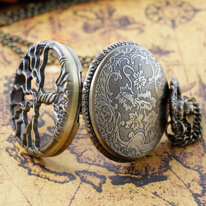 Steampunk Retro Bronze Hollow Tree of Life Quartz Pocket Watch With Fob Chain Women Watch Pendant Necklace Chain Men Gift CF1088