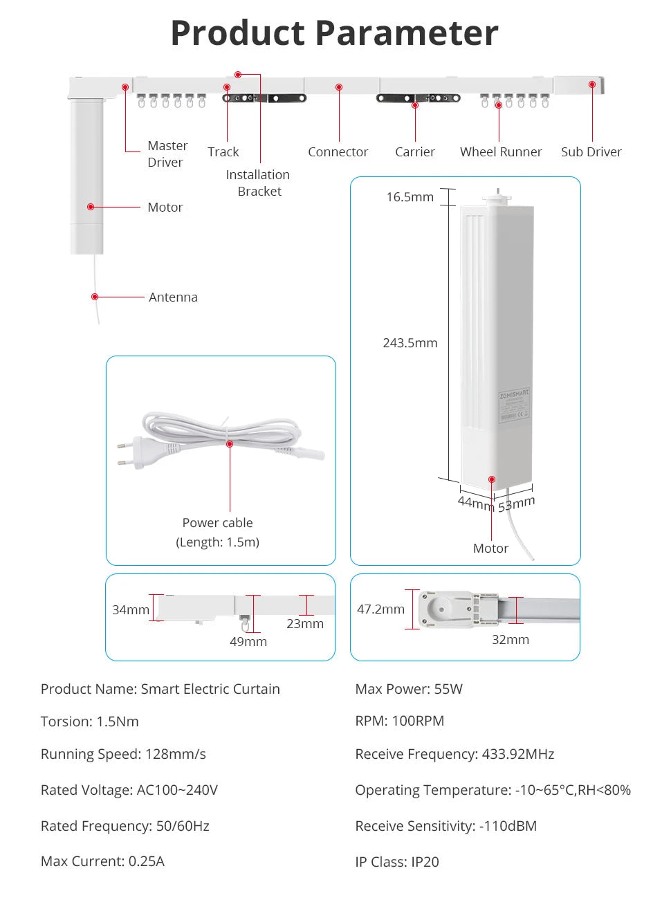 Zemismart Matter Over WiFi Electric Sliding Curtain Track with Smart Motor Support HomeKit SmartThings Alexa Google Home APP