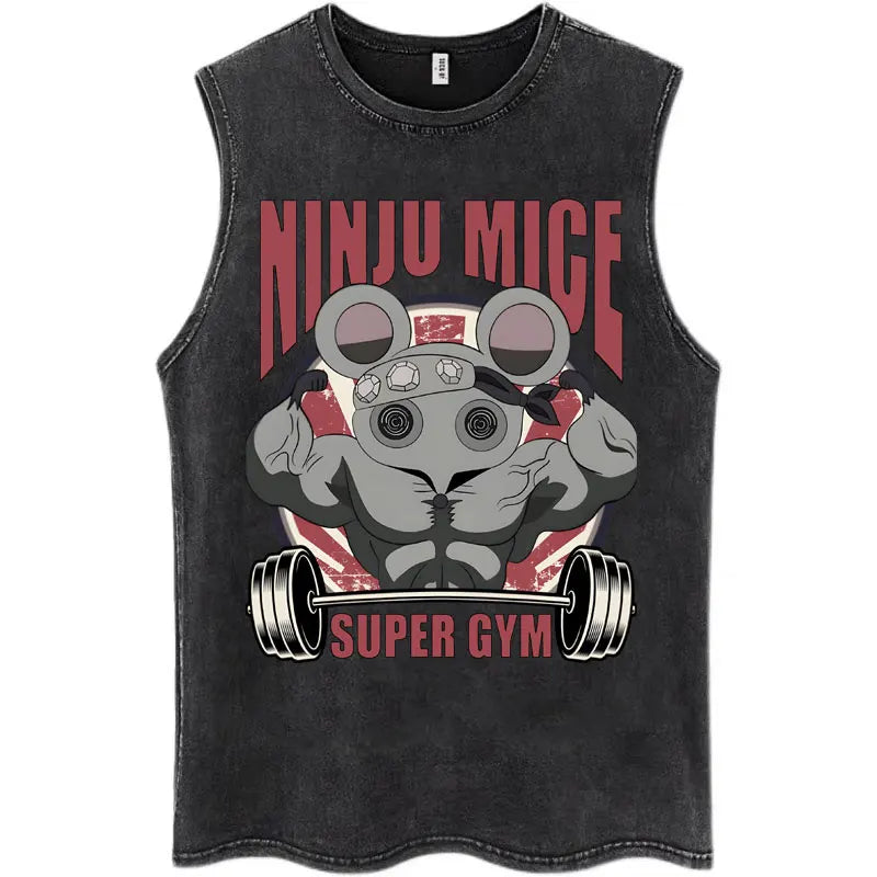 Washed Anime Demon Slayer Hashibira Inosuke Mask Face Tank Tops Men Women Vintage Fashion Cotton Sleeveless T Shirts Streetwear