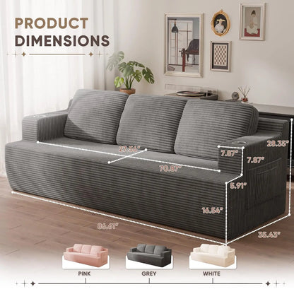87in Corduroy Deep Seat Sofa with 2 Pillows Cup Holder Storage Pocket Living Room Grey Custom