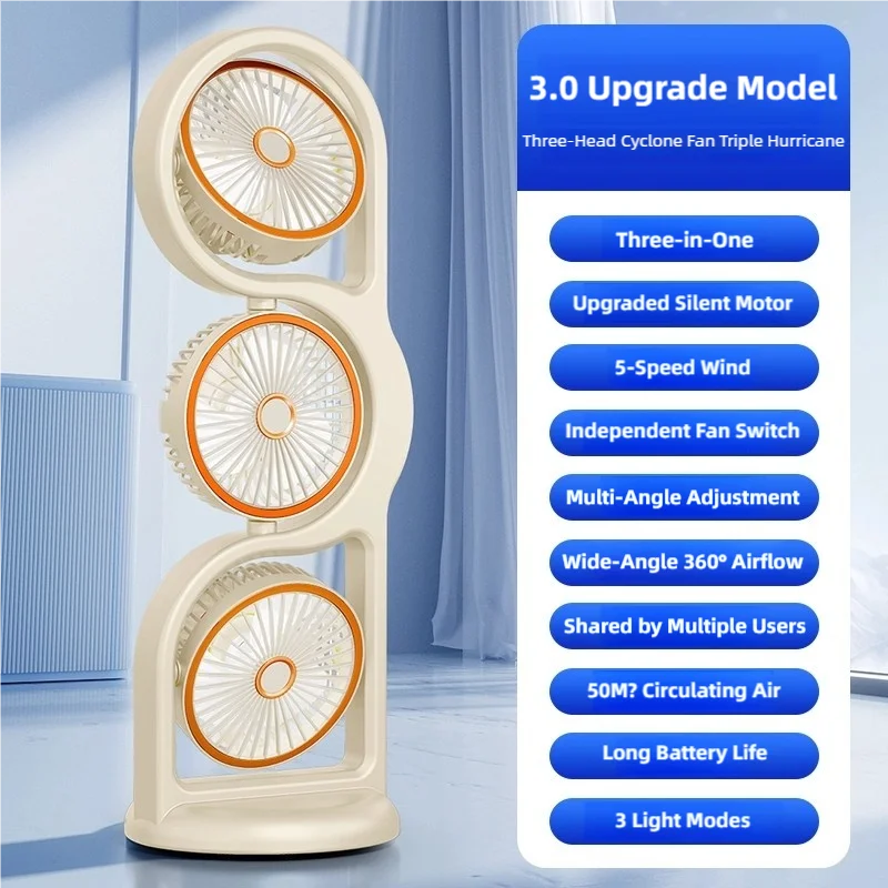 TINSOL Portable Three-Head Fan, 360° Wind Direction Adjustment, Five-Speed Wind, Dormitory and Outdoor Desktop Fan