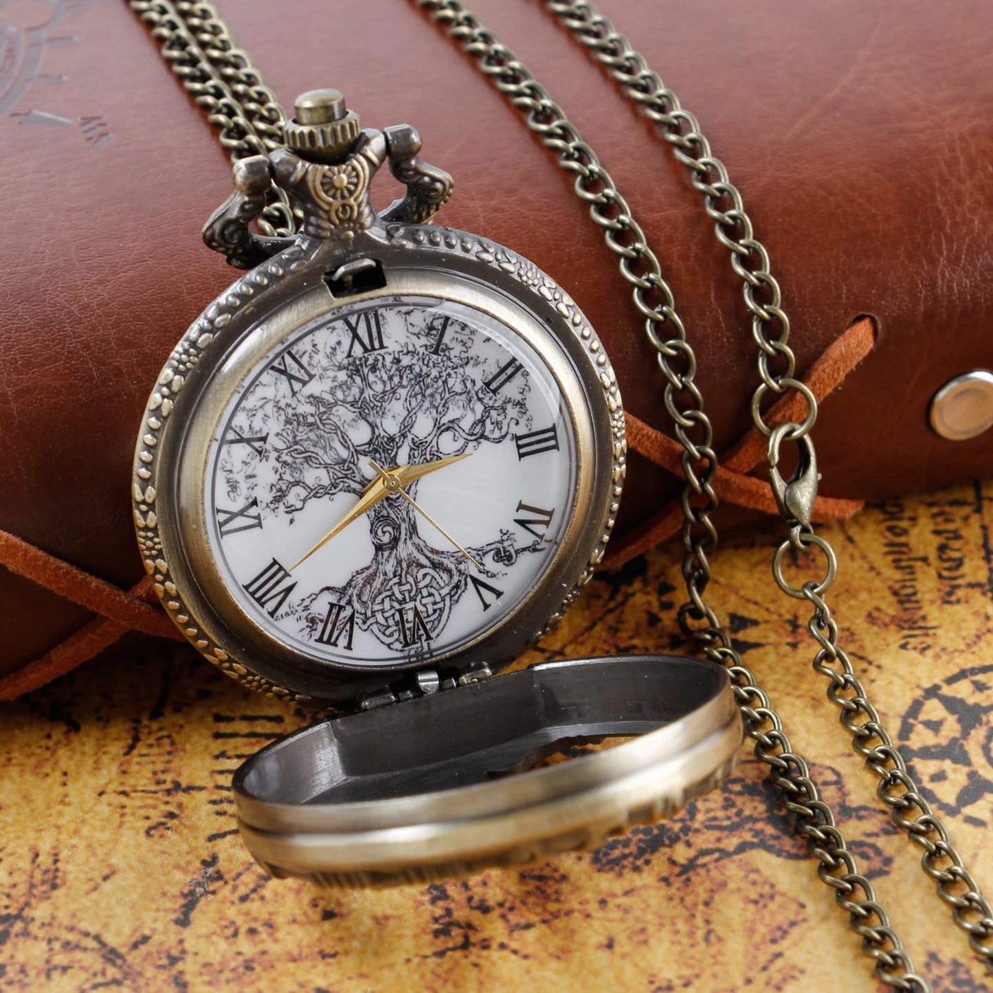 Steampunk Retro Bronze Hollow Tree of Life Quartz Pocket Watch With Fob Chain Women Watch Pendant Necklace Chain Men Gift CF1088