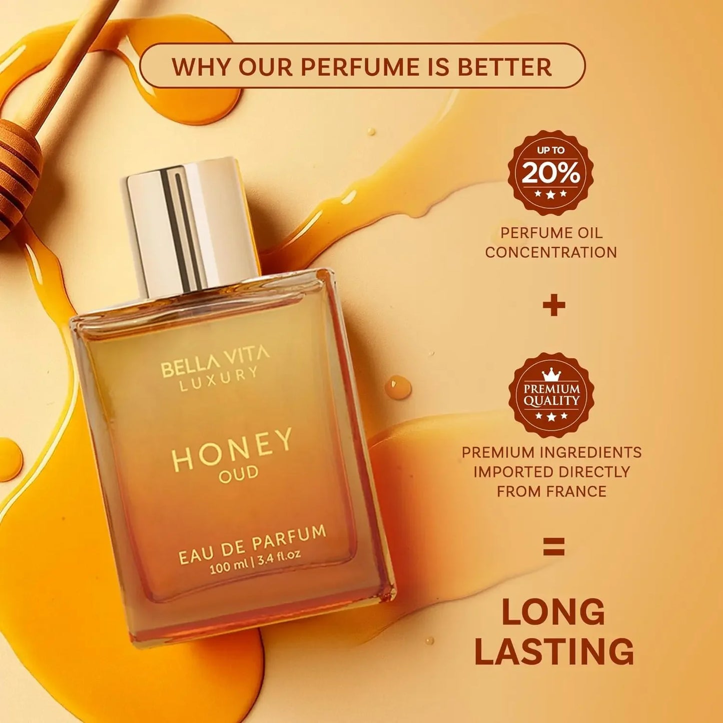 BellaVita Luxury Honey Oud EDP 3.4oz / 100ml Warm Sweet Amber Vanilla Long Lasting Unisex Perfume Ideal Holiday Gift