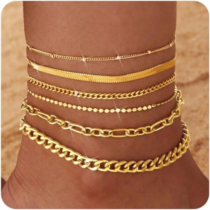Layered Chain Anklet Set — 6 Pieces