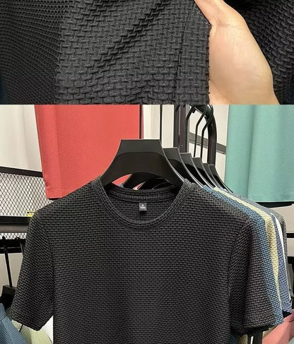 Mesh Ice Silk T-shirt Men's Short sleeved Round Neck New T-sleeved Men's Bottom Shirt Summer Solid Color Men's Top