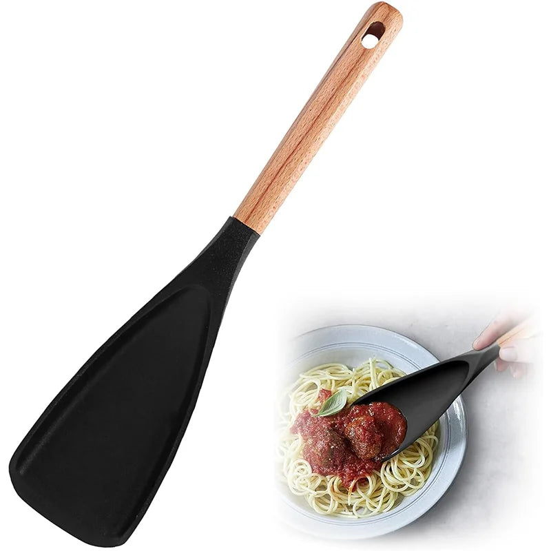 Wooden Handle Silicone Utensils - Non-Stick Kitchen Tools with Storage Caddy, Cooking Spoon & Spatula Set