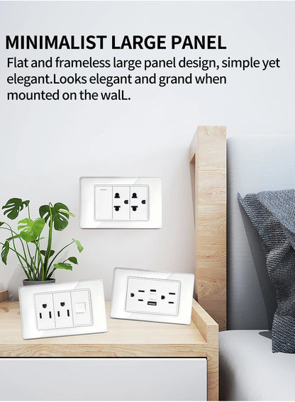 118*75mm TEMPERED GLASS SWITCH PANEL Wall Socket with USB Type - C, Grey US Switch, Thai Plug for Home & Office Use