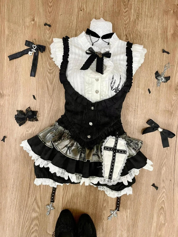 Summer Sweet Preppy Style 2 Piece Sets Women Y2k Kawaii Lolita Design Tops + High Waist Chic Skirt Female Princess Retro Outfits
