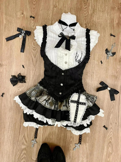 Summer Sweet Preppy Style 2 Piece Sets Women Y2k Kawaii Lolita Design Tops + High Waist Chic Skirt Female Princess Retro Outfits
