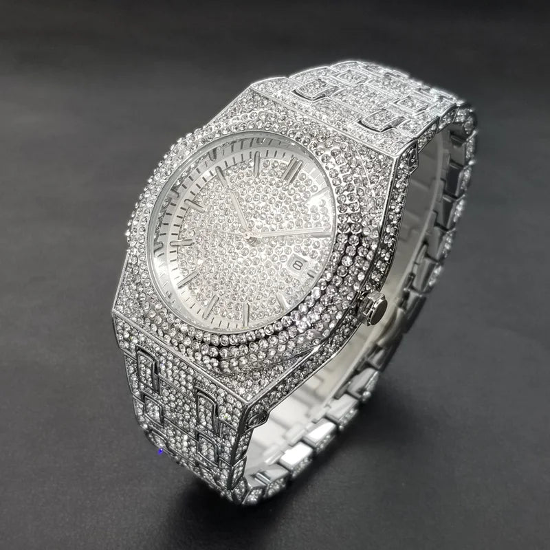 New Arab Number Brand Watch For Men Luxury Fully Diamond Bling Mens Quartz Watches Fashion Iced Out Silver Waterproof Male Clock
