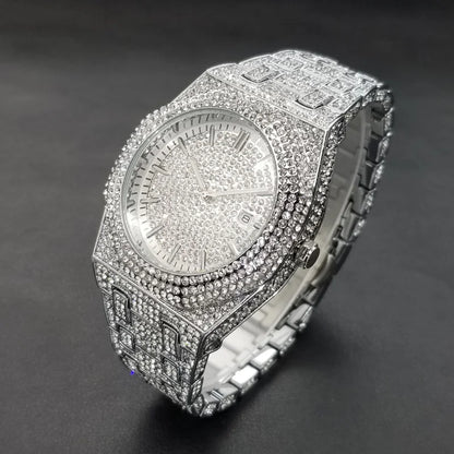 New Arab Number Brand Watch For Men Luxury Fully Diamond Bling Mens Quartz Watches Fashion Iced Out Silver Waterproof Male Clock