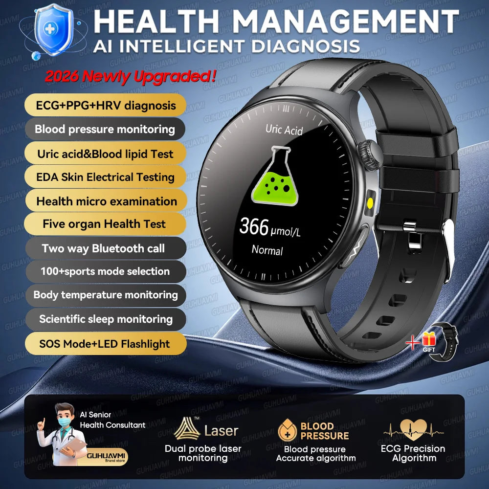2026New High-end Health Smart Watch For Men Women Blood Lipids Uric Acid Blood Pressure Accurate Data ECG+PPG BT Call Smartwatch