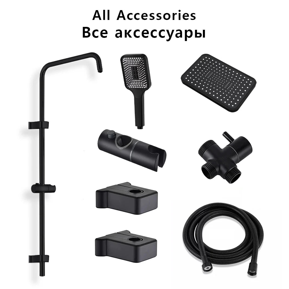 Black Shower Column Set Bathroom Accessories 3 Way Water Diverter Valve Bathtub Mixer Showers Faucet Pressurization Shower Head
