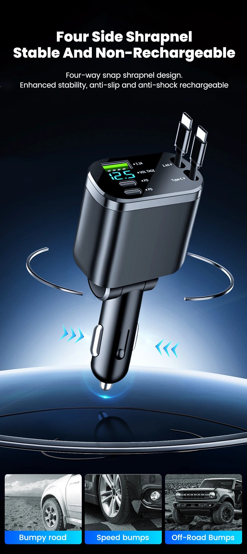Elough Digital Display Car Charger with Retractable Cable PD Car Fast Charger for iPhone Xiaomi Huawei Samsung