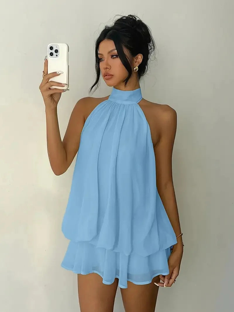 2026 Women's Elegant Halter Neck Sleeveless Ruffled Layered Chiffon Mini Dress Casual Summer Party Dress for Beach Vacation Y2K