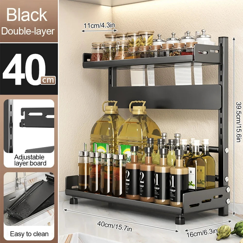 3 Tier Spice Storage Rack for Countertop Adjustable Spice Organization For Cabinet Kitchen Organizer Metal Shelf Black