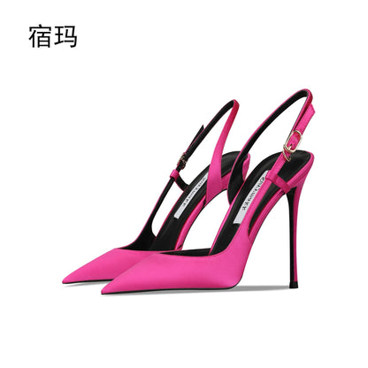 Rose red satin back tripe buckle sandals for women's new style slim heel and sexy European and American style single shoes