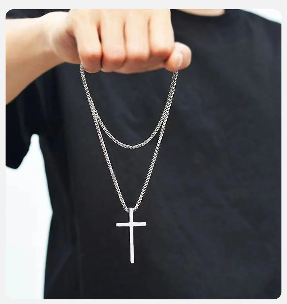 Vnox Cross Necklace for Men Women, Silver Color Plain Alloy Metal Cross Pendant Collar with Stainless Steel Box Chain
