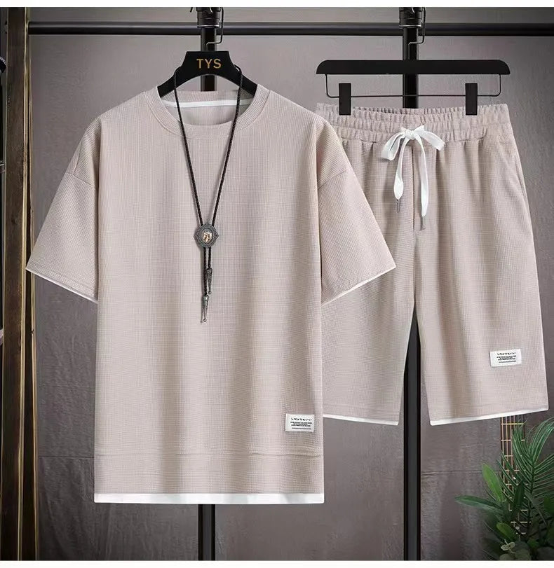 Waffle Men's Summer Short Sleeve And Shorts Two Piece Sets Sports Casual Tracksuit Men Comfortable Cool Shorts Oversized Set