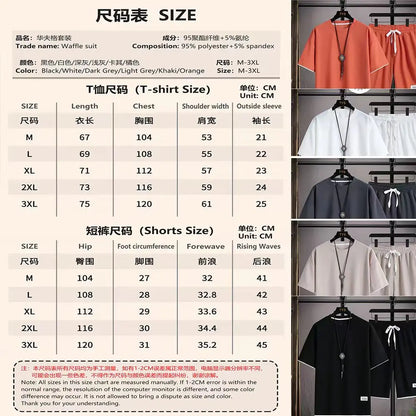 Waffle Men's Summer Short Sleeve And Shorts Two Piece Sets Sports Casual Tracksuit Men Comfortable Cool Shorts Oversized Set