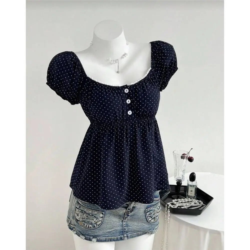 Polka Dot Babydoll Top Women Summer Sweet Korean Puff Short Sleeve Chiffon Blouse Square Neck Summer Vintage Youthful T-shirt