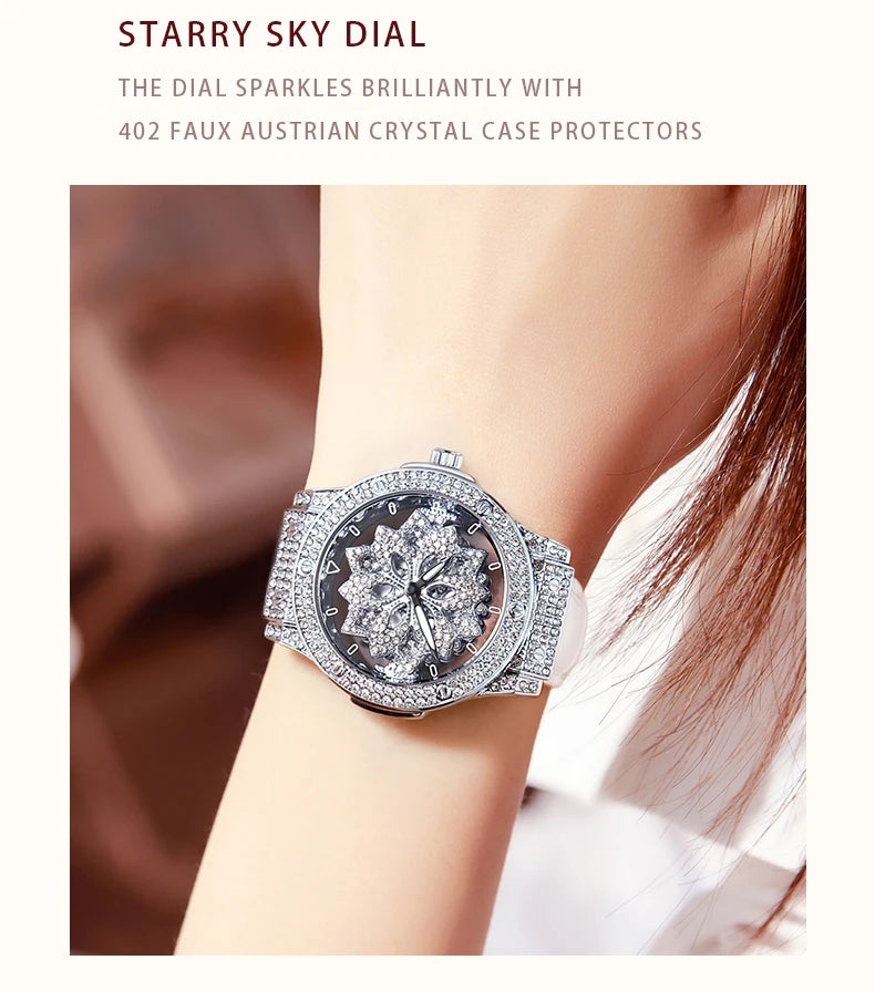 Popular women's watch with fashionable large dial, pentagram waterproof watch for girls, snowflake rotating hollow women's watch