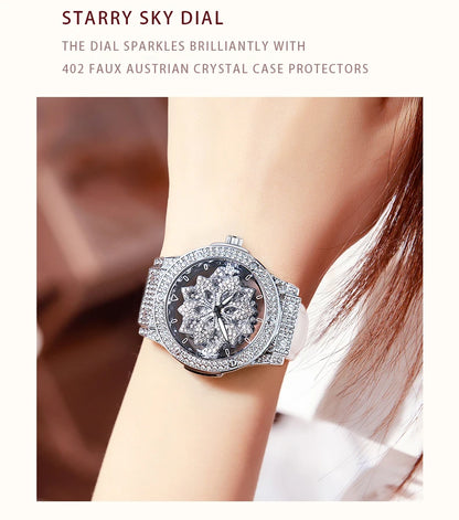 Popular women's watch with fashionable large dial, pentagram waterproof watch for girls, snowflake rotating hollow women's watch