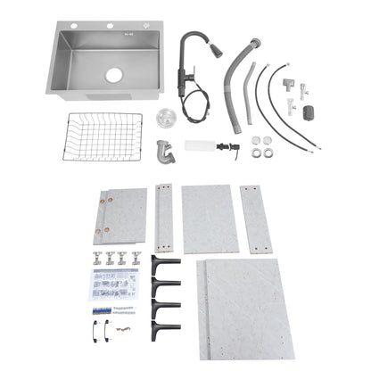 Freestanding Kitchen Sink Cabinet with Pull Out Faucet, Grey Stainless Steel Laundry Utility Sink with Drain Board