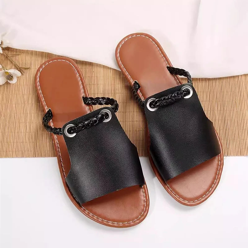 Women's Summer Comfortable Beach Slippers Fashion Braided Band Flat Sandals Woman Lightweight Soft Pu Leather Slippers Plus Size