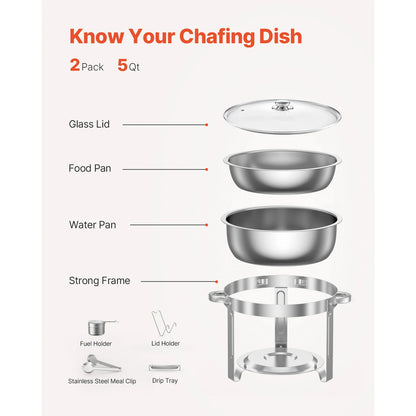 SucceBuy 5 Qt 2 Pack Round Chafing Dish Buffet Set Stainless Steel Chafer with 2 Full Size Pan, Round Catering Warmer Server