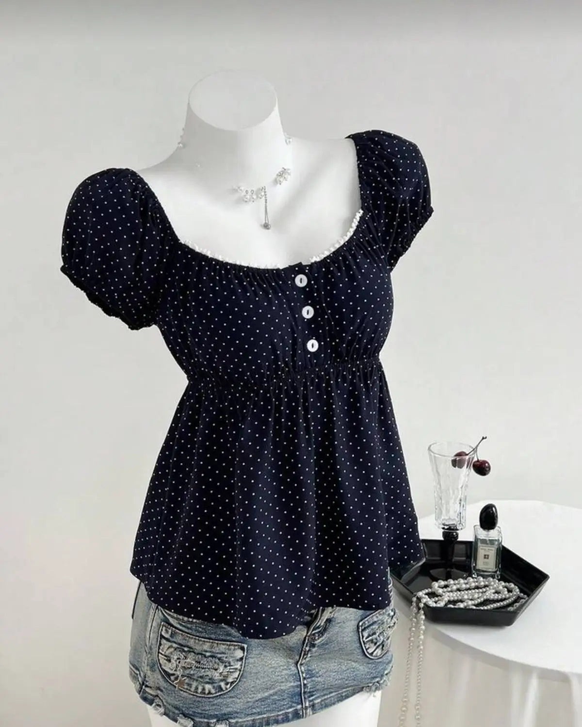 Polka Dot Babydoll Top Women Summer Sweet Korean Puff Short Sleeve Chiffon Blouse Square Neck Summer Vintage Youthful T-shirt