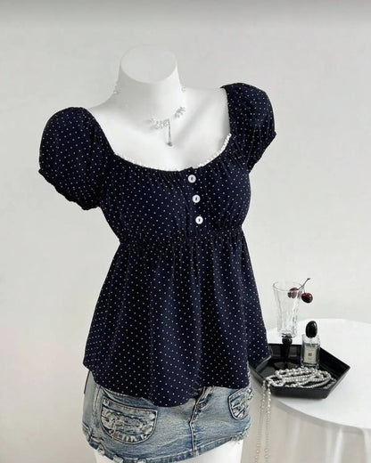 Polka Dot Babydoll Top Women Summer Sweet Korean Puff Short Sleeve Chiffon Blouse Square Neck Summer Vintage Youthful T-shirt