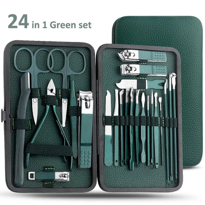 Nail clipper set, home nail clippers, dark green 7-24piece set, pedicure, exfoliation and nail care tools