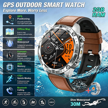 2026 Offline Map New Smart Watch 3ATM Waterproof GPS Navigation Compass Altimeter Flashlight Men 170+ Sports Bracelet Men Women