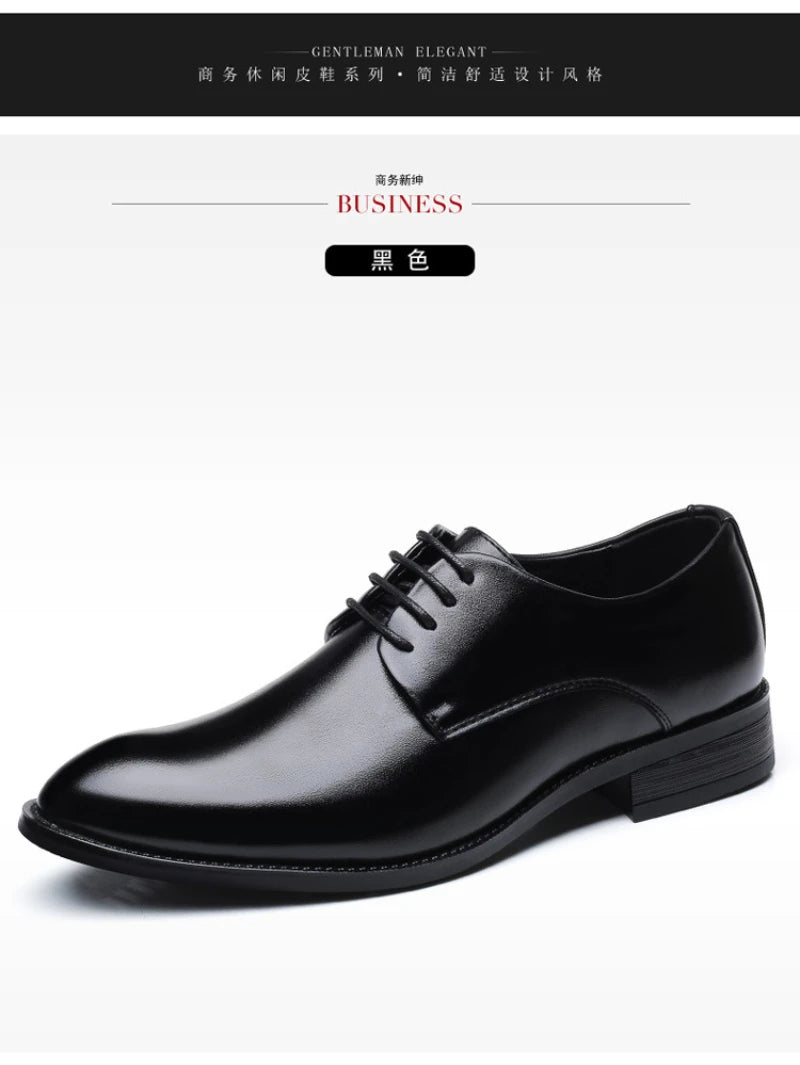 Mens Breathable Leather Dress Shoes Formal Business Footwear Pointed Toe Lace Up Flat Sole Groom Wedding Shoes Simple Leisure