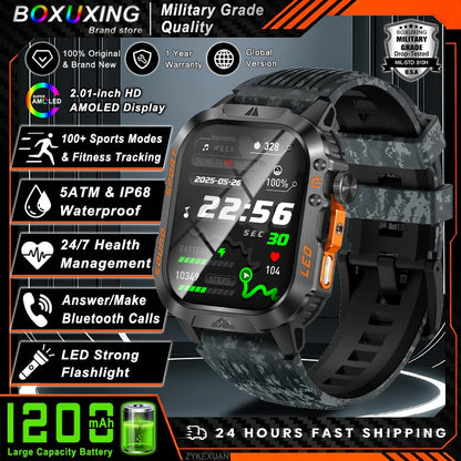 2026 New 1200 mAh Battery Military Smartwatch Men 5ATM Waterproof Fitness Tracker Health Heart Rate Smart Watch For iOS Android