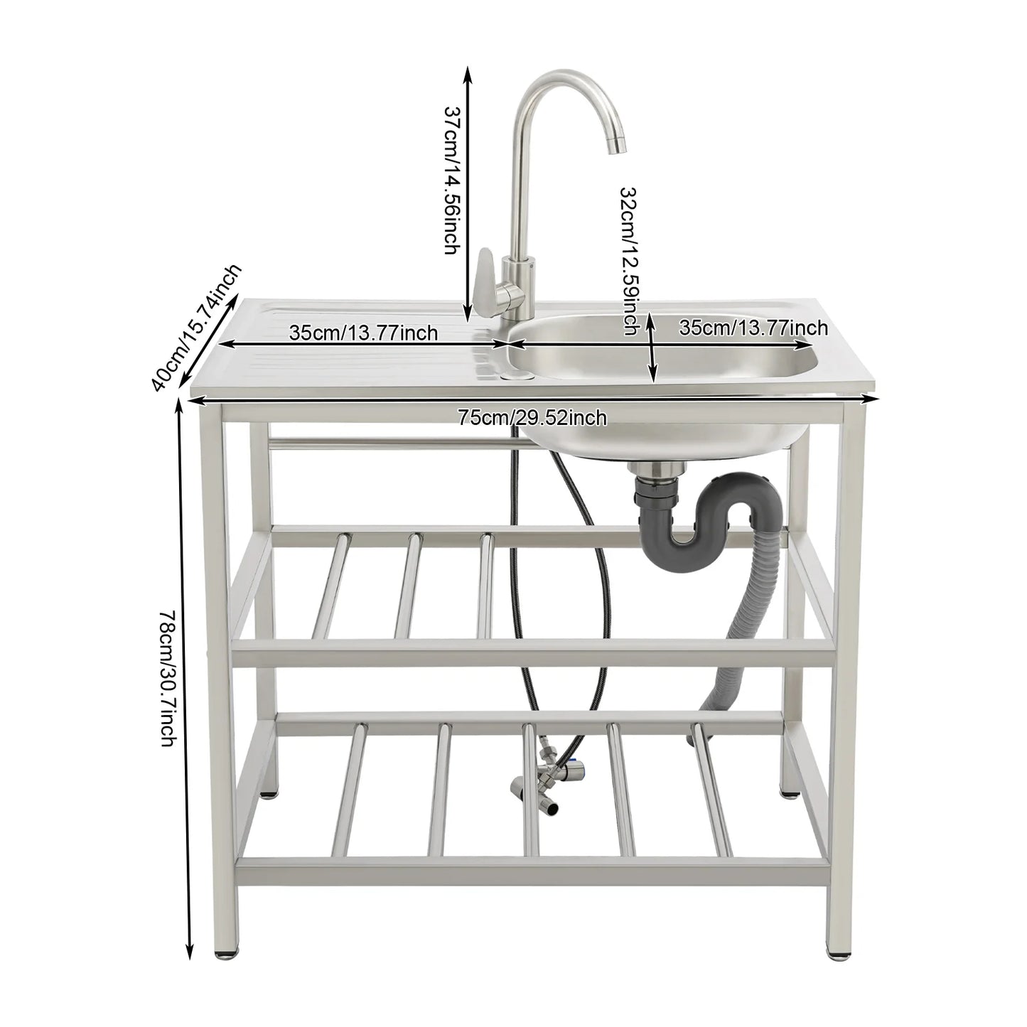 Stainless Steel Freestanding Outdoor Kitchen Sink with Faucet Worktable and Storage Rack Cold Hot Water Adjustable Feet