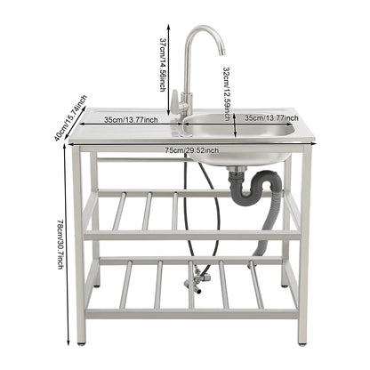 Stainless Steel Freestanding Outdoor Kitchen Sink with Faucet Worktable and Storage Rack Cold Hot Water Adjustable Feet