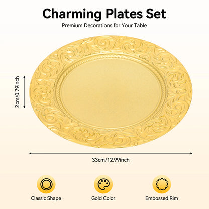 100-Pack Gold Charger Plates Set 12.9 Inch Embossed Round Disposable Serving Trays Christmas Wedding Party Decoration Plate ﻿