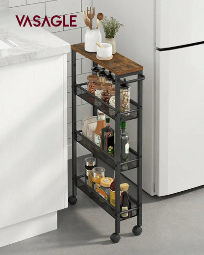 VASAGLE Slim Rolling Cart, 4-Tier Narrow Storage Cart With Handle, 5.1 Inches Deep, Metal Frame, For Kitchen, Dining Room, Livin