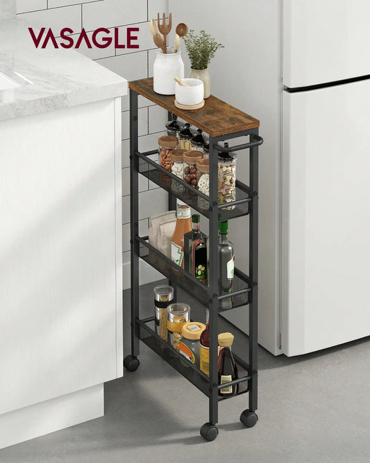 VASAGLE Slim Rolling Cart, 4-Tier Narrow Storage Cart With Handle, 5.1 Inches Deep, Metal Frame, For Kitchen, Dining Room, Livin