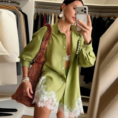 Women's Casual Long Sleeve Single Breasted Shirts 2026 Spring Lace Floral Hem Blouse Elegant Classical Stylish Shorts Outfits
