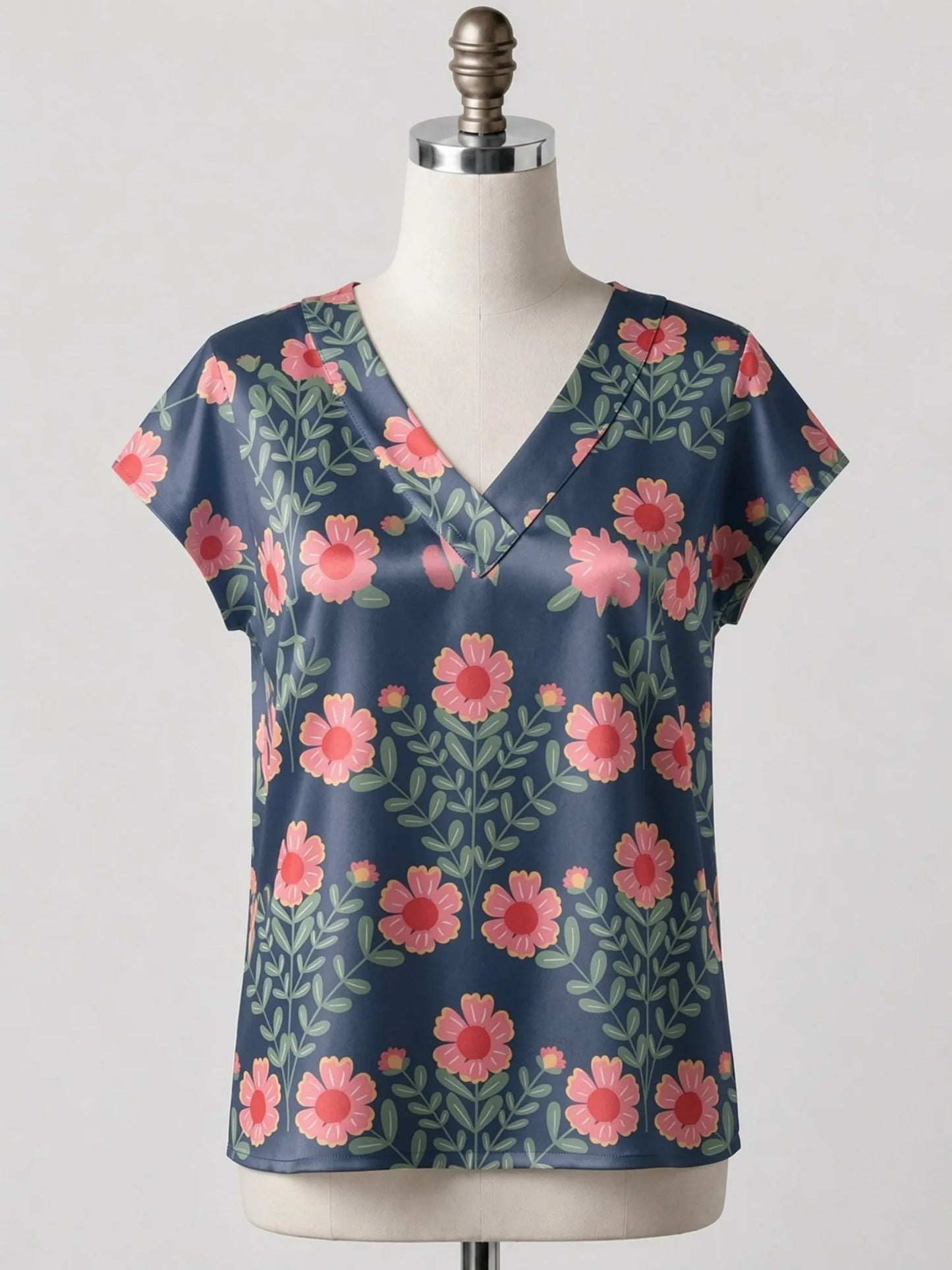 Women's Satin V-neck Tropical Floral Print Short-Sleeve Summer Shirt Casual Street Fashion T-Shirt New Beachwear